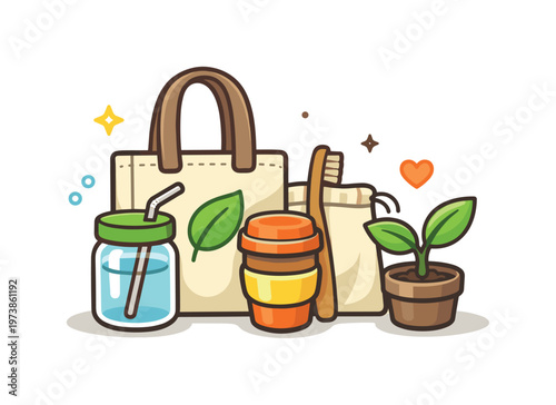 Eco friendly lifestyle focused on mindful daily choices that reduce waste and support a balanced relationship with nature. A simple scene with reusable items