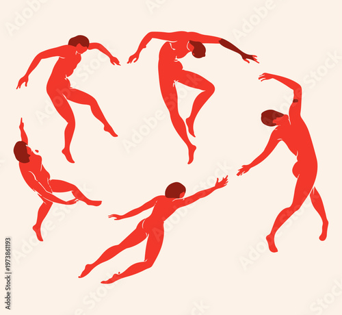 Abstract Red Dancing Figures Circle, Minimal Human Movement Illustration, Modern Contemporary Art Vector