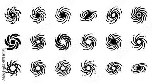 Black swirl icons, spiral shapes, vector graphics, 20 abstract designs, modern symbols