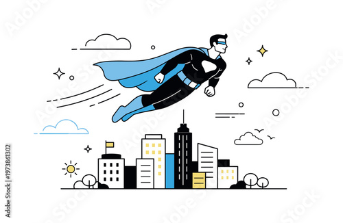 Superhero flying above the city. A calm editorial scene of a superhero gliding high above modern buildings, cape flowing gently in the air. Sense of