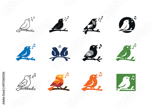 birdsong. Icon set. Set Logo of birdsong: singing bird on branch. harmonious logo variations of the same emblematic concept, each with different artistic