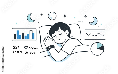 Sleep tracking with wearable devices. Clean scene of a wearable device collecting sleep data overnight, with simple charts and moon icons floating gently