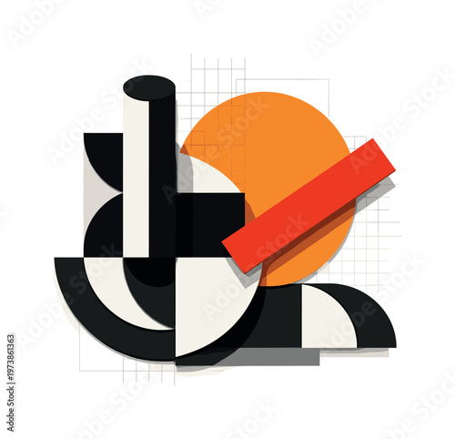 Abstract mid century modern arrangement of semicircles and cylinders in black and white, vibrant orange circular anchor shape offset to one side, contrasting
