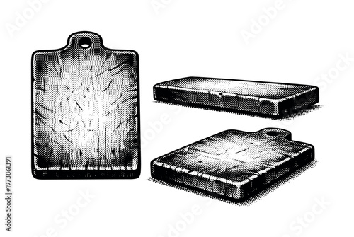 Vintage butcher cutting board A thick vintage butcher cutting board represented as one object, displayed in top, side, and angled views emphasizing mass,