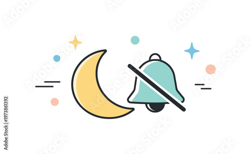 Do not disturb mode. A crescent moon icon paired with a muted bell and floating dots around it. The illustration communicates rest, focus, and uninterrupted