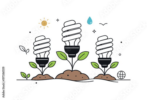 Sustainable ideas garden. Energy-saving lightbulbs growing from soil with simple leaves, symbol of eco-friendly innovation and thoughtful design. Calm,