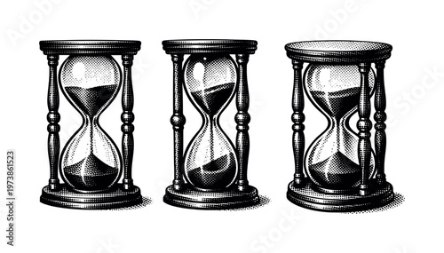 Sand timer ? A traditional sand timer depicted as one object in three distinct angles, focusing on transparent glass curvature, internal sand flow chamber, and