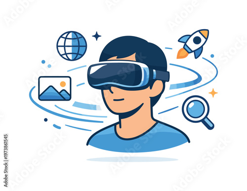 Virtual reality headset focused on a person wearing a sleek VR device with soft motion lines and floating icons to express immersion and digital exploration.
