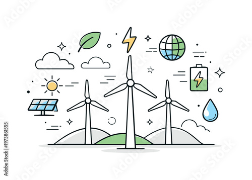 Future of wind power. Abstract editorial scene with wind turbines, clouds, and energy symbols floating around, optimistic view of sustainable technology.