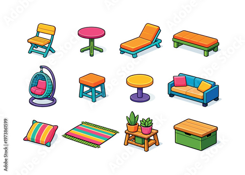 Balcony Furniture. Colorful isometric vector icons set of balcony furniture: folding chair, bistro table, lounge chair, bench seat, hanging chair, stool, side