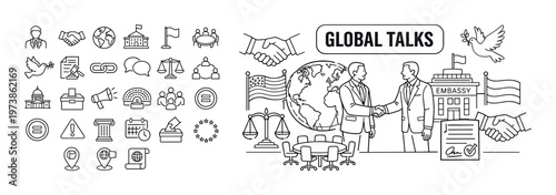 Global talks line icon composition with international communication symbols, diplomacy elements, world map discussion scene, speech bubbles, and global partnership concept. Minimal outline collection 