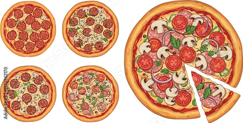 Variety Pizza Collection with Multiple Flavors Whole Pies and Sliced Piece Featuring Pepperoni Mushrooms Tomatoes and Mixed Toppings for Menu Design