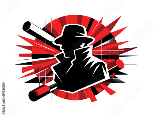 A dramatic center-focused design with a large red circular burst radiating outward in clean flat beams, intersected by cylindrical shapes and thin grid lines