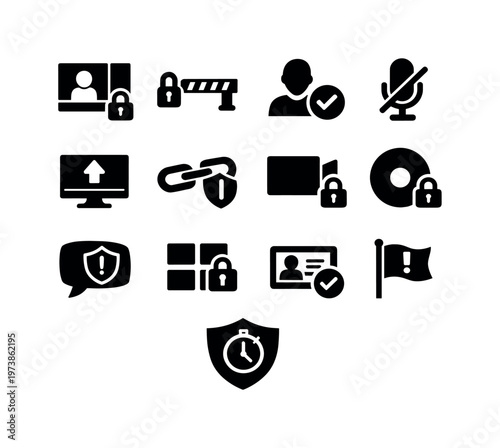 Online Classroom Security. Solid icon set of online classroom security: secure video meeting lock, waiting room gate, participant approval check, mute all