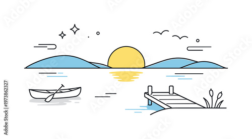 Quiet lake at early morning. A peaceful scene showing a calm lake at dawn, with simple sun and horizon shapes. Mood of freshness, solitude, and