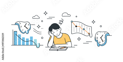 Cognitive fatigue from heat. Abstract scene with a person surrounded by drooping charts and melting clock icons. Time distortion and declining output expressed