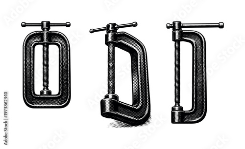 deep throat C-clamp tool A deep throat C-clamp shown in front view, angled perspective, and side profile emphasizing the extended frame and long reach screw