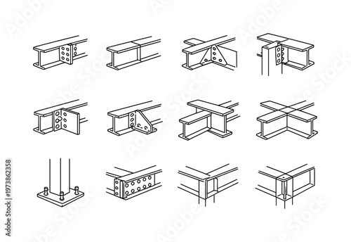 Structural Beam Connections. Minimalistic set one-line drawing steel I-beam joint, bolted flange connection, welded beam seam, gusset plate joint,