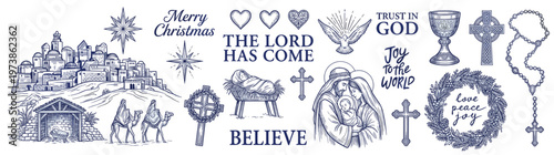 Collection of hand drawn vintage Christian religious icons and Christmas nativity scene elements including Bethlehem Mary and baby Jesus with crosses isolated on white for your design work