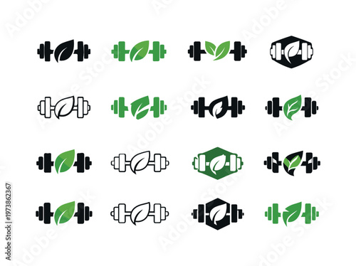 Food for fitness and athletic performance. Icon set. Set Logo of food for fitness and athletic performance: dumbbell with leaf. harmonious logo variations of