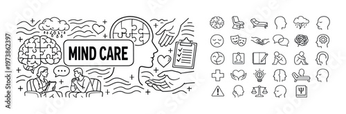 Mind care line icon composition with mental health support symbols, brain and emotion elements, therapy notes, self care concepts, and psychological wellness theme. Minimal outline collection for coun