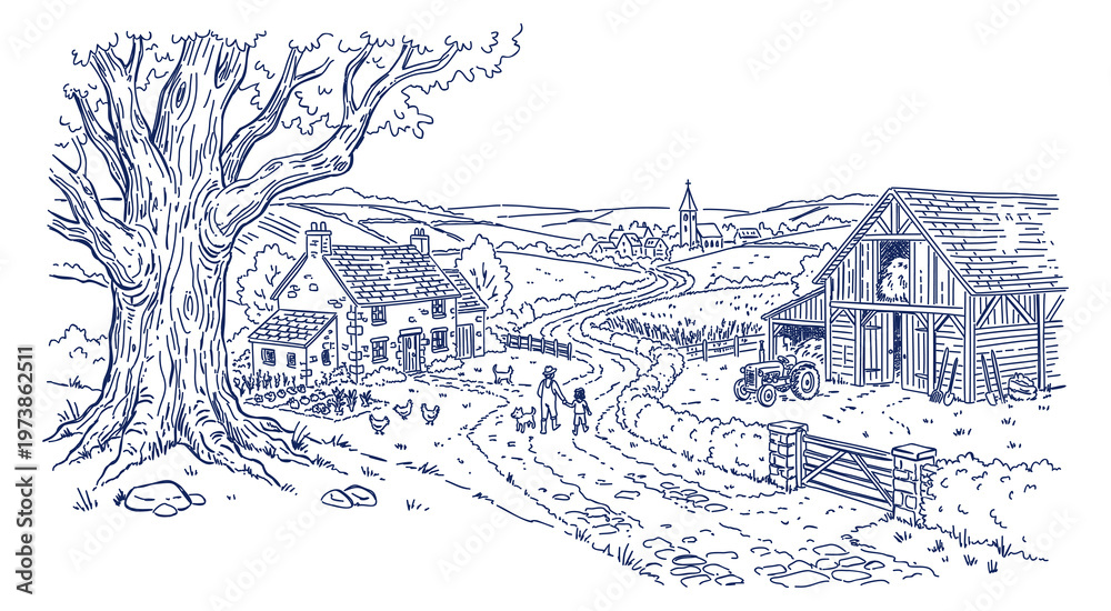 Fototapeta premium Rural landscape. Vector hand-drawn sketch. Blue color