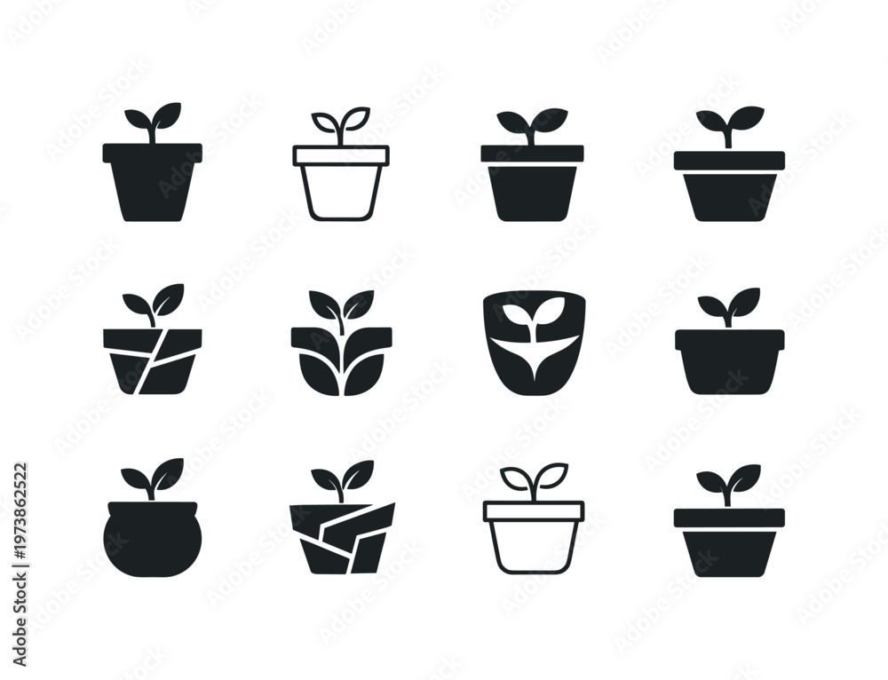 Fototapeta premium Pots. Icon set. Set Logo of Pots: plant pot silhouette. harmonious logo variations of the same emblematic concept, each with different artistic interpretation