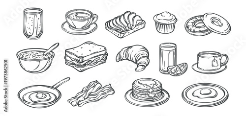 Breakfast food set with eggs, pancakes, bacon, croissant, sandwich, toast, yogurt bowl, coffee cup, tea mug, juice glass, muffin, donut. Retro hand drawn outline monochrome icons. Vector illustration.