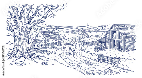Rural landscape. Vector hand-drawn sketch. Blue color