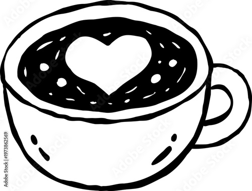 Coffee cup with heart-shaped latte art, hand-drawn line art with natural imperfect lines. Minimalist vector doodle illustration