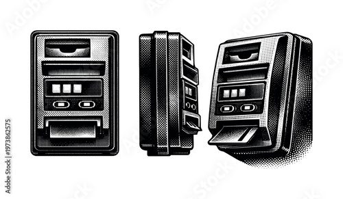Vending machine payment module A realistic vending machine payment module with coin slot and card reader shown in three views: front view, side profile, and