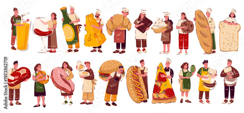 Giant food set with chefs holding oversized snacks and drinks, featuring bread, pastry, meat, seafood, sweets and beverages in flat cartoon style, emphasizing playful proportions, vector illustration.