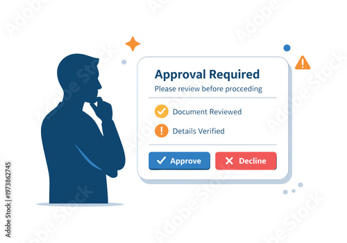 Human approval checkpoints depicted as a clean interface card awaiting confirmation with a focused human silhouette nearby. The mood emphasizes