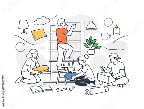 Cozy interior setup. Friends assembling shelves and placing soft textiles, building a warm and personalized living space together. Floating cushions, lamps,