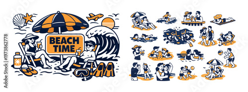 Beach time isometric composition with summer vacation icons, seaside leisure elements, beach umbrella, ocean wave, sunbathing scenes, and coastal отдых concept. Colorful vector-style set for holiday t