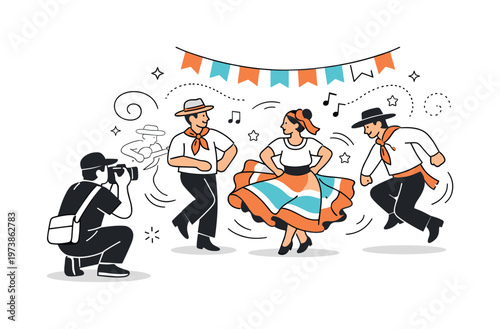 Cultural Festival Documentation. A photographer capturing dancers in motion during a local folklore festival, lively yet balanced composition. A warm scene of