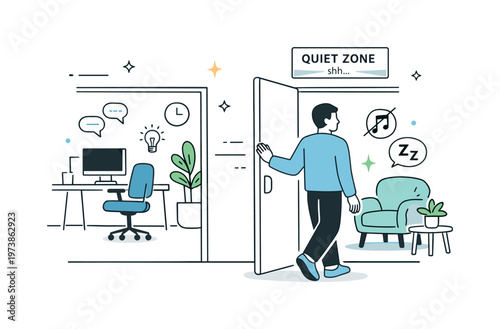 Need for quiet zones. A calm individual stepping into a quiet room away from the open office, relief and restored focus, open space with minimal abstract