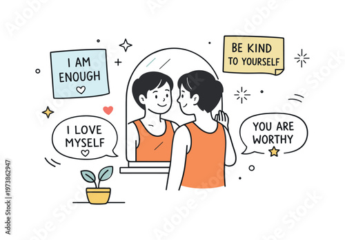 Self-love practice. A warm scene with a person looking at their reflection and affirming messages nearby, gentle confidence and acceptance, minimal interior