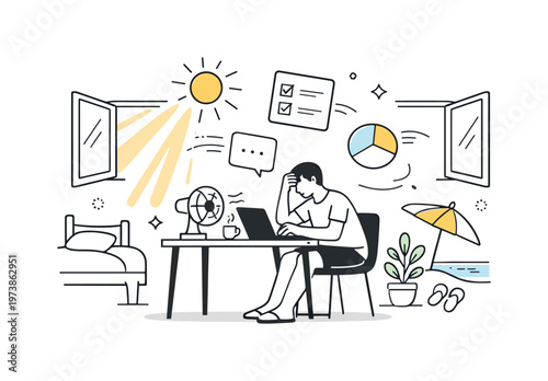 Remote work during heatwave. A person working from home with open windows, sun rays flooding the room and tasks floating unfinished. Blurred boundary between