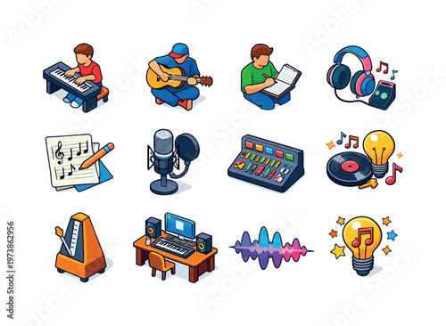 Musical Creation. Colorful isometric vector icons set of Musical Creation: musician playing piano, guitarist composing melody, songwriter with notebook,