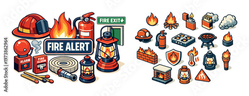 Fire alert isometric composition with emergency warning icons, firefighting equipment, burning flame elements, safety tools, and rescue response concept. Colorful vector-style set for fire protection,