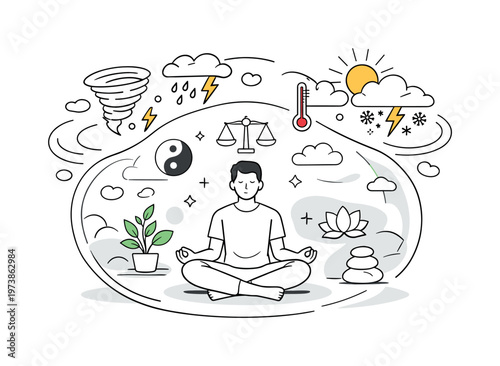 Overcoming climate anxiety. A person sitting peacefully while chaotic weather icons swirl outside a soft boundary, inside space filled with plants and balance