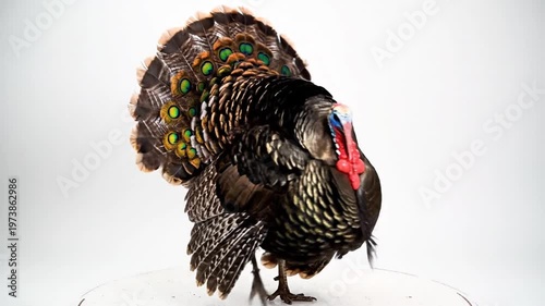 Front view of a male Ocellated Turkey displaying fully fanned iridescent tail feathers with colorful eye-spots against a white studio background, showcasing Meleagris ocellata plumage.