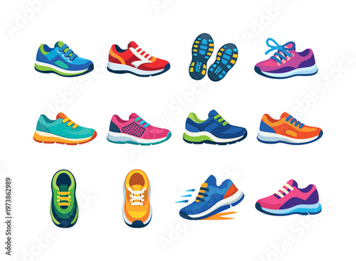 RunningShoes. Colorful flat vector icons set of RunningShoes: running shoes pair, athletic sneakers, shoe sole pattern, lace tied shoe, lightweight trainer,