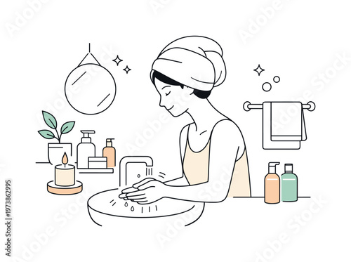 Quiet luxury self-care. A minimal bathroom or wellness scene with a person applying skincare or washing hands slowly. Ritual, mindfulness, and