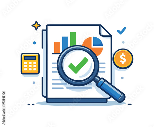 Audit report review focused on accuracy and financial transparency. A compact editorial scene showing a document with charts examined through a magnifying