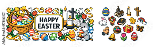 Happy Easter festive composition with decorated eggs, Easter bunny, spring flowers, basket, candles, and holiday celebration elements. Colorful vector-style set for seasonal greeting cards, church eve