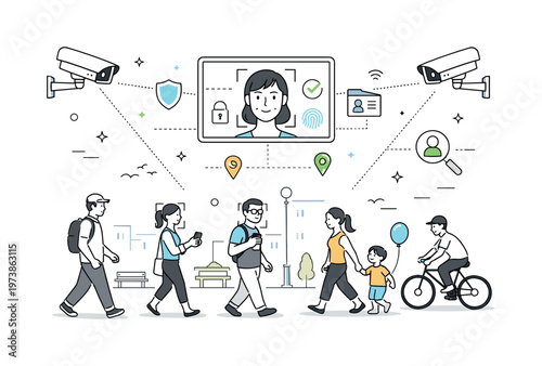 Facial recognition city security. Street cameras monitoring a public square with people passing calmly below, showing passive surveillance in daily life.