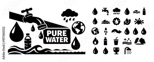 Pure water line icon composition with clean drinking water symbols, faucet, droplet elements, filtration concept, and environmental sustainability theme. Minimal outline collection for water supply, h