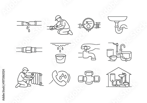 Water Leak Solutions. Minimalistic set one-line drawing cracked pipe dripping, plumber replacing pipe section, water meter valve shutoff, sink drain trap, pipe